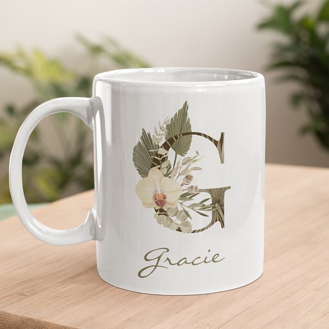 Initial A Boho Floral Orchid Greenery Custom Name Coffee Mug (Creator Uploaded)