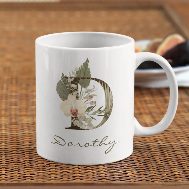 Initial A Boho Floral Orchid Greenery Custom Name Coffee Mug (Creator Uploaded)