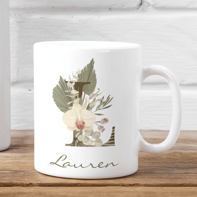 Initial A Boho Floral Orchid Greenery Custom Name Coffee Mug (Creator Uploaded)