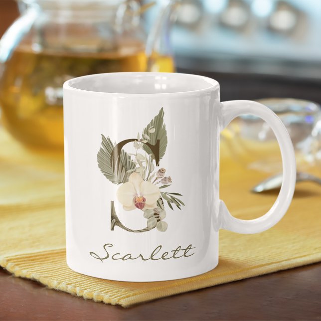 Initial A Boho Floral Orchid Greenery Custom Name Coffee Mug (Creator Uploaded)