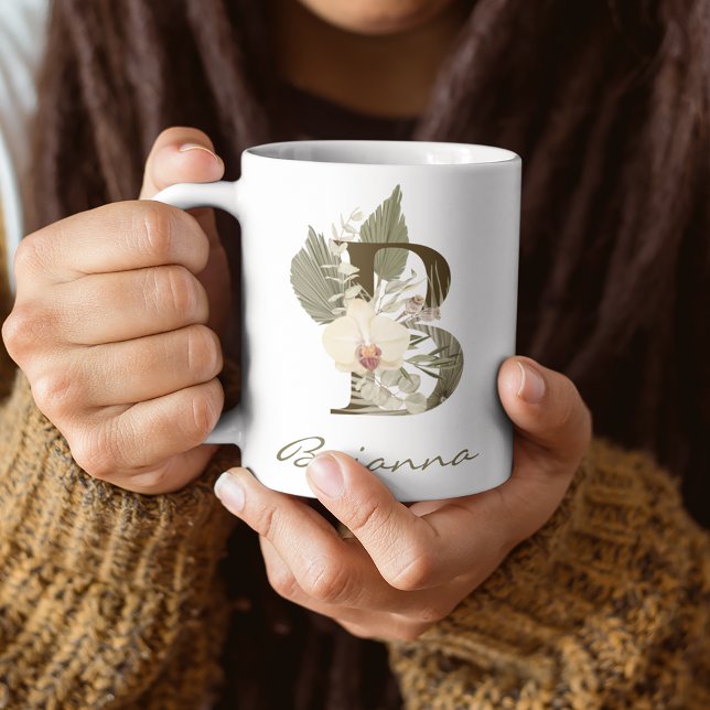 Initial A Boho Floral Orchid Greenery Custom Name Coffee Mug (Creator Uploaded)