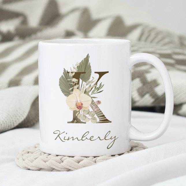 Initial A Boho Floral Orchid Greenery Custom Name Coffee Mug (A personalized coffee mug with a floral design and your initial. Perfect for a cozy morning.)