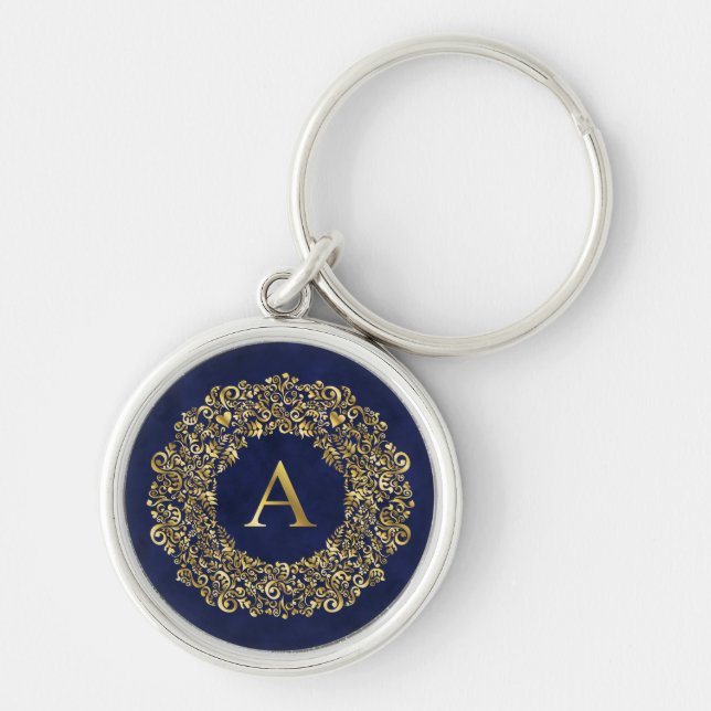 Initial A golden Damask Classic Pattern  Key Ring (Front)