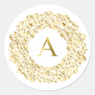 Initial A golden Damask Classic Pattern Round Sticker