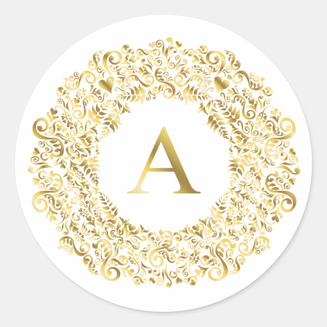 Initial A golden Damask Classic Pattern  Round Sticker (Front)