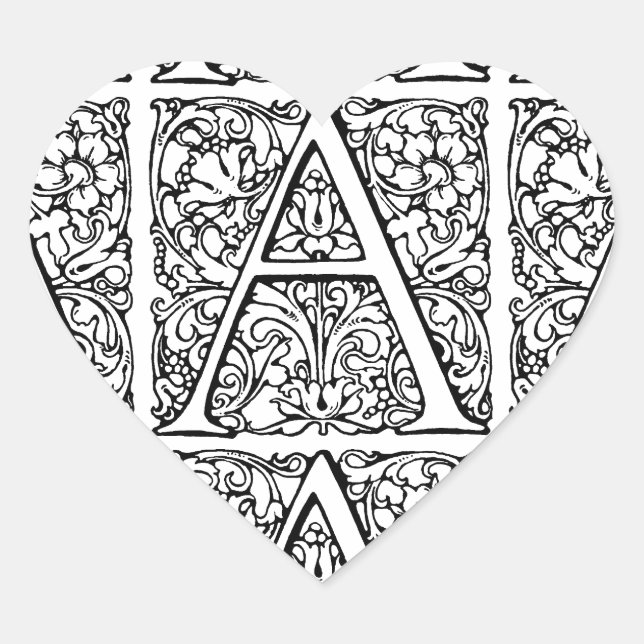 Initial A  Monogram Floral Scroll Pattern Heart Sticker (Front)