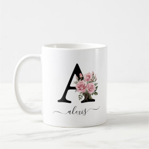 Initial A Pink Roses Floral Flowers Monogram Name Coffee Mug