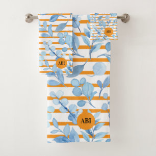 Initial adorable colours blue flowers orange strip bath towel set