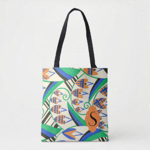 Initial Art Deco Blue Green Orange Grey Tote Bag