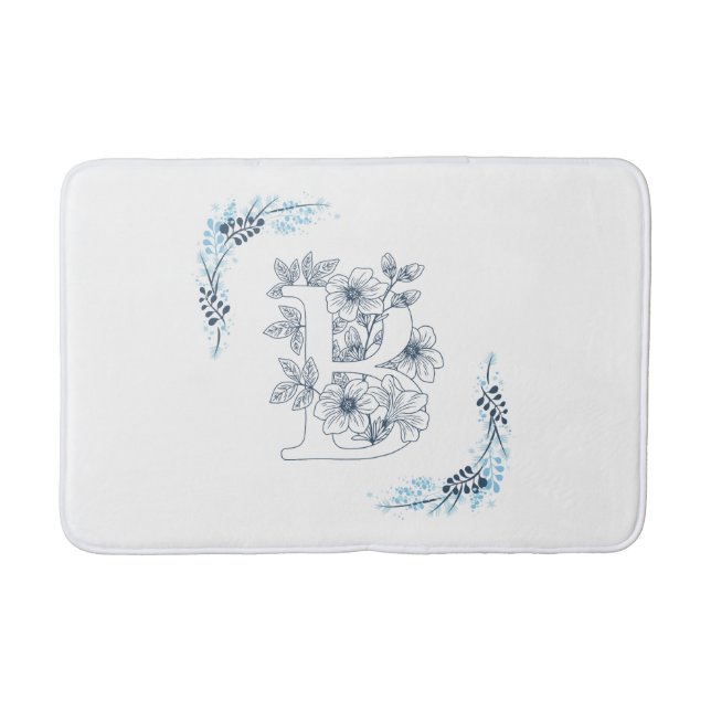 Initial "B" Blue Monogram Calm Floral Bath Mat (Front)