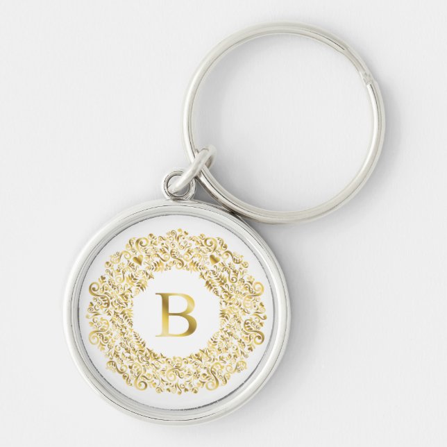 Initial B golden Damask Classic Pattern  Key Ring (Front)