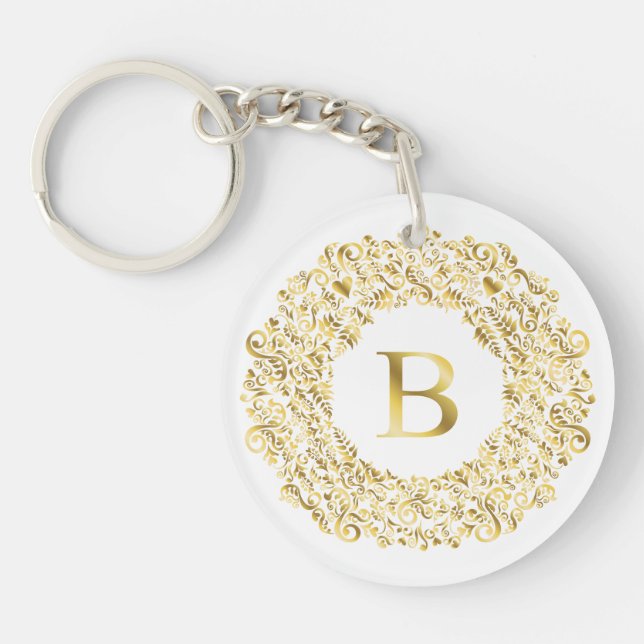 Initial B golden Damask Classic Pattern  Key Ring (Front)
