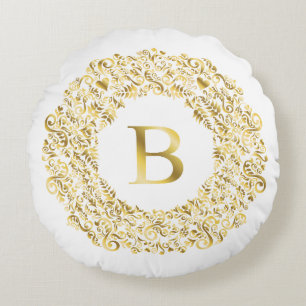 Initial B golden Damask Classic Pattern Round Cushion