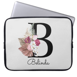 Initial B Modern Pink Boho Girly Floral Laptop Sleeve