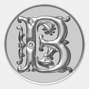 Initial B Round Sticker in  Silver