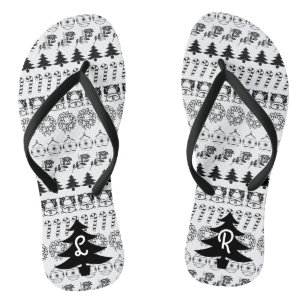 Initial - Black/White Christmas Fun Font Pattern Thongs