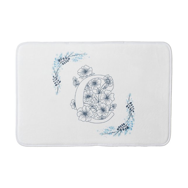 Initial "C" Blue Monogram Calm Floral Bath Mat (Front)