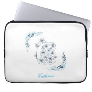 Initial "C" Blue Monogram Calm Floral Laptop Sleeve