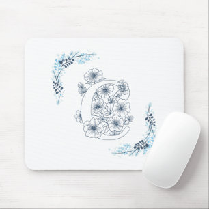 Initial "C" Blue Monogram Calm Floral Mouse Pad
