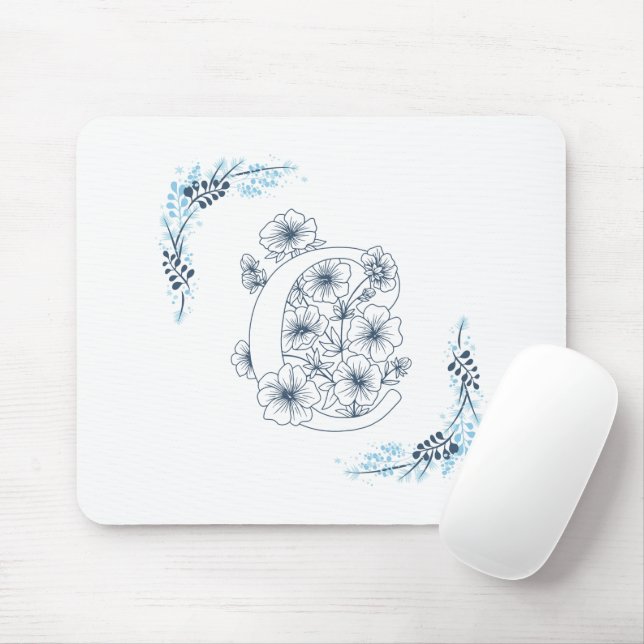 Initial "C" Blue Monogram Calm Floral Mouse Pad (With Mouse)