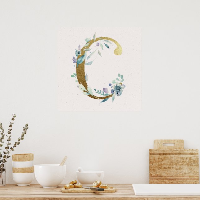 Initial C Golden and Blue Floral Monogram Poster (Kitchen)