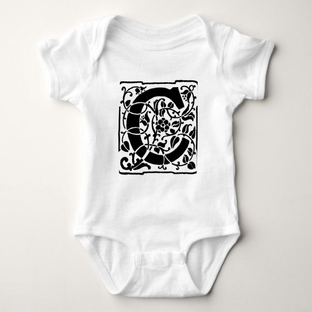 Initial C Monogram. Floral Name Customised Pattern Baby Bodysuit (Front)