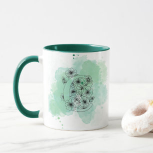 Initial C Watercolor Monogram Green Botanical  Mug