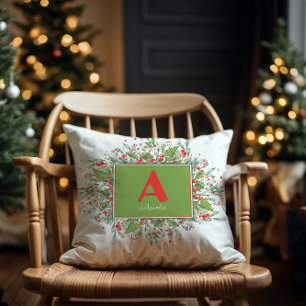 Initial Christmas Green  Red berrie Cushion