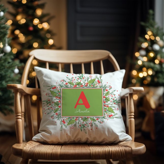 Initial Christmas Green  Red berrie Cushion (Creator Uploaded)