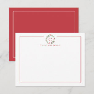 Initial Christmas Wreath Red & White Stationery Card