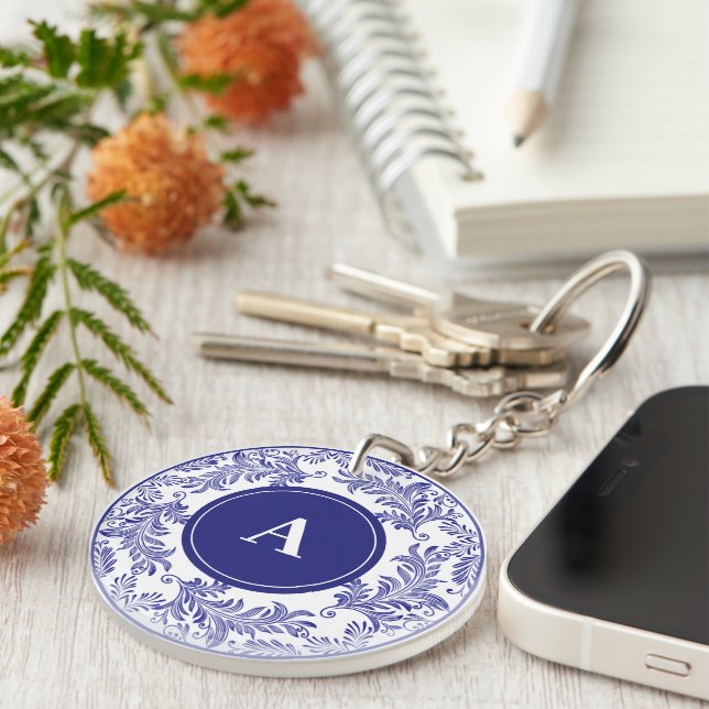 Initial Classic Blue White Floral Pattern  Key Ring (Front Right)
