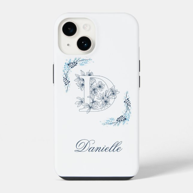 Initial "D" Blue Monogram Calm Floral iPhone Case (Back)