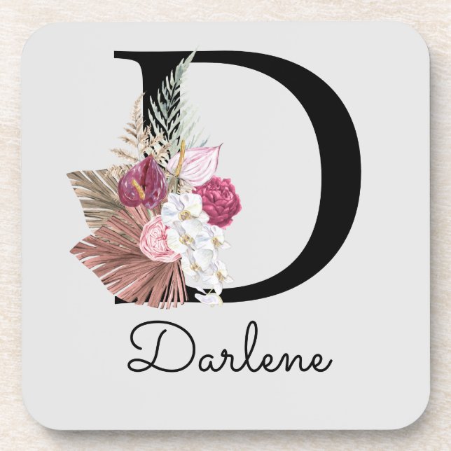Initial D Modern Pink Boho Girly Floral Coaster (Front)