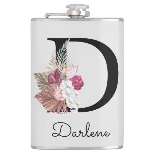 Initial D Monogrammed Pink Boho Floral Hip Flask