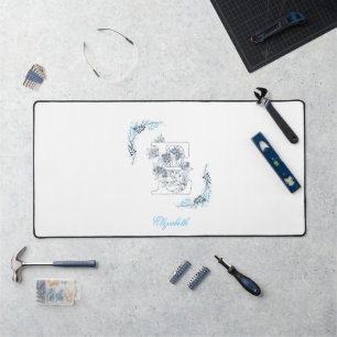 Initial "E" Blue Monogram Calm Floral Desk Mat