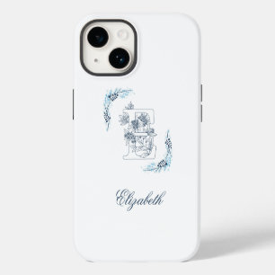 Initial "E" Blue Monogram Calm Floral iPhone 14 Case