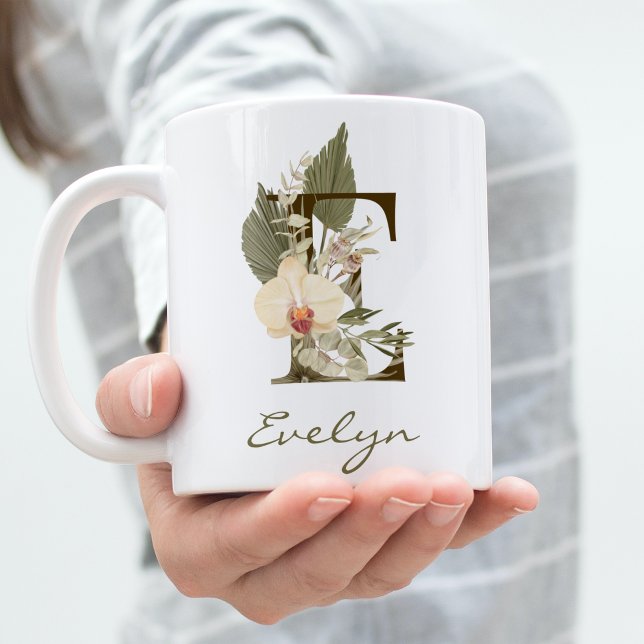 Initial E Boho Floral Orchid Greenery Custom Name Coffee Mug (Creator Uploaded)