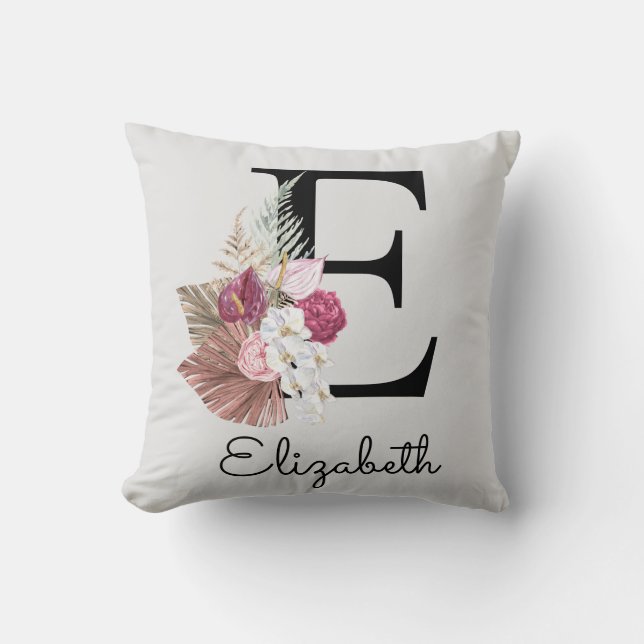 Initial E Modern Pink Floral Cushion (Front)