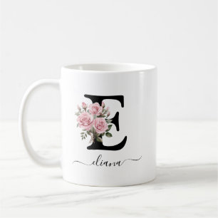 Initial E Pink Roses Floral Flowers Monogram Name Coffee Mug