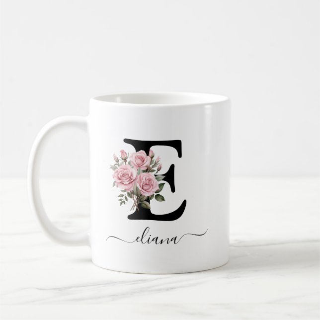 Initial E Pink Roses Floral Flowers Monogram Name Coffee Mug (Left)
