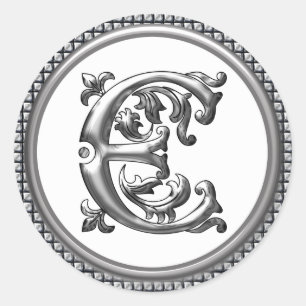Initial E Round Sticker in Silver