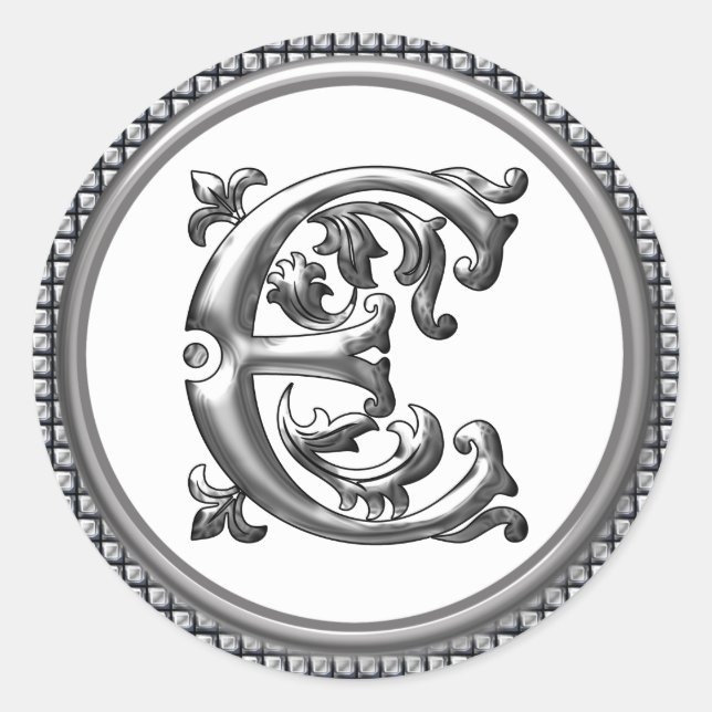 Initial E Round Sticker in Silver (Front)