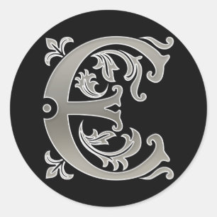 Initial E Round Sticker in silver