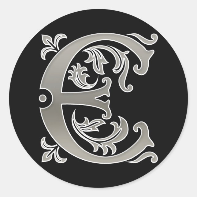 Initial E Round Sticker in silver (Front)