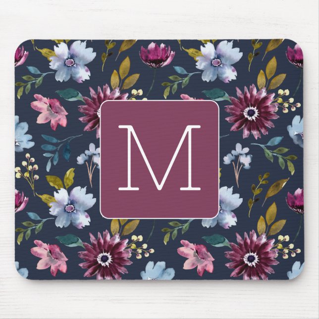 Initial Elegant navy and burgundy Floral feminine Mouse Pad (Front)