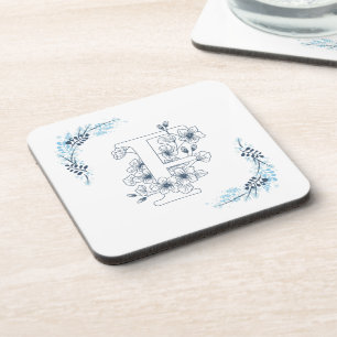Initial "F" Blue Monogram Calm Floral Coaster
