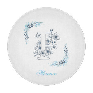 Initial "F" Blue Monogram Calm Floral Cutting Board