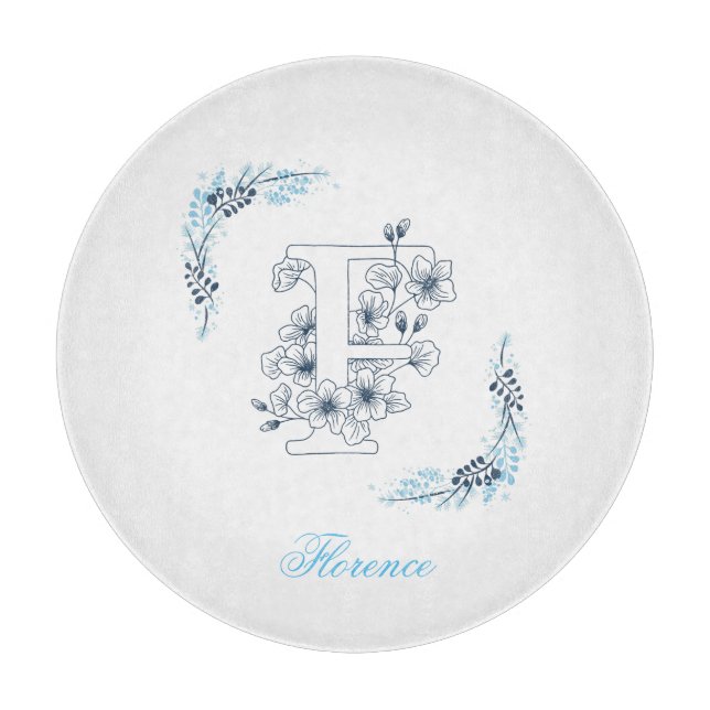 Initial "F" Blue Monogram Calm Floral Cutting Board (Front)