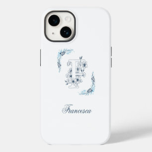 Initial "F" Blue Monogram Calm Floral iPhone 14 Case