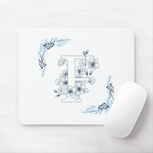 Initial "F" Blue Monogram Calm Floral Mouse Pad (With Mouse)